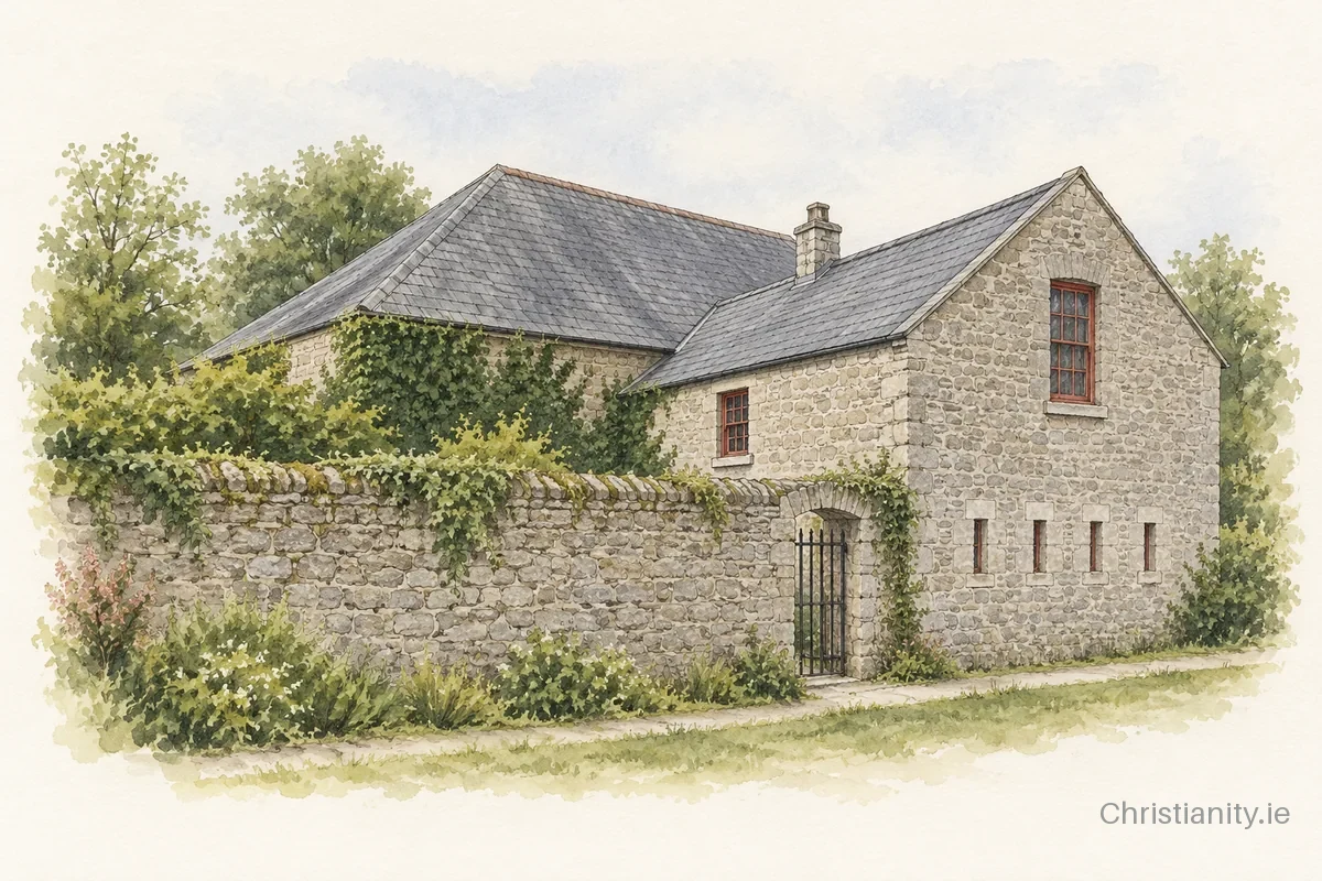 Watercolour and ink illustration of Ballitore Friends Meeting House