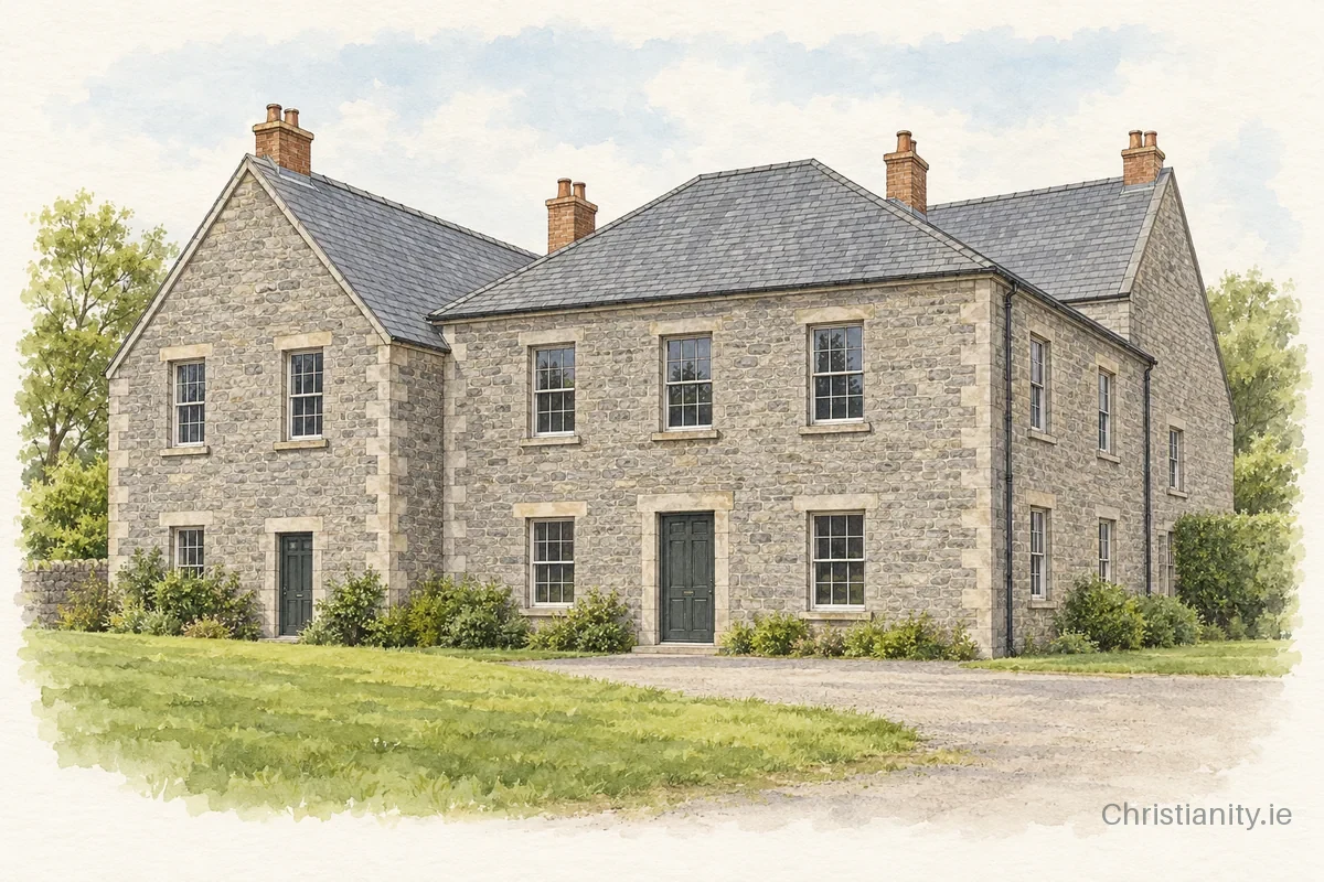 Watercolour and ink illustration of Bessbrook Friends Meeting House