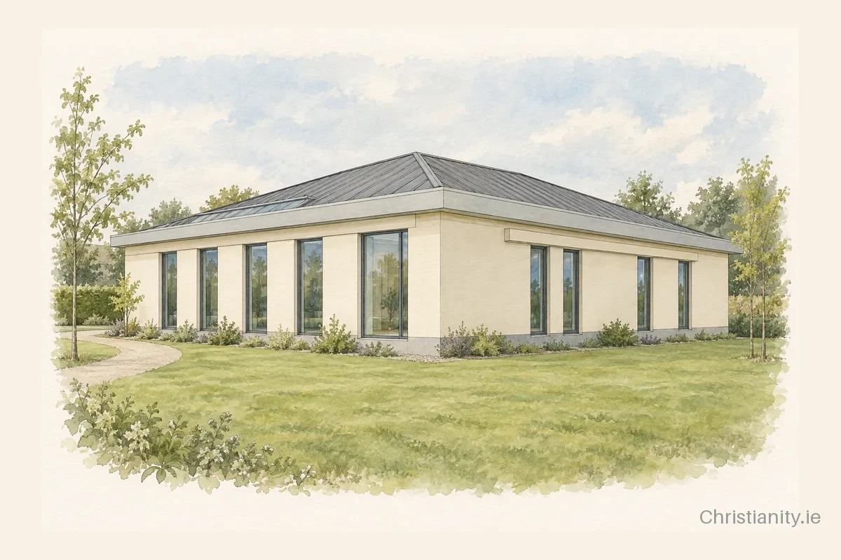 Watercolour and ink illustration of Quaker House