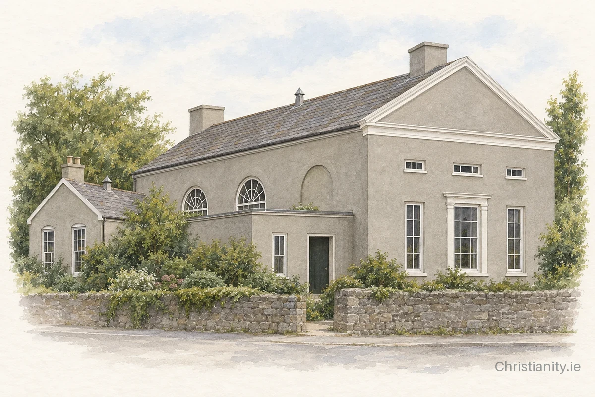 Watercolour and ink illustration of Monkstown Friends Meeting House