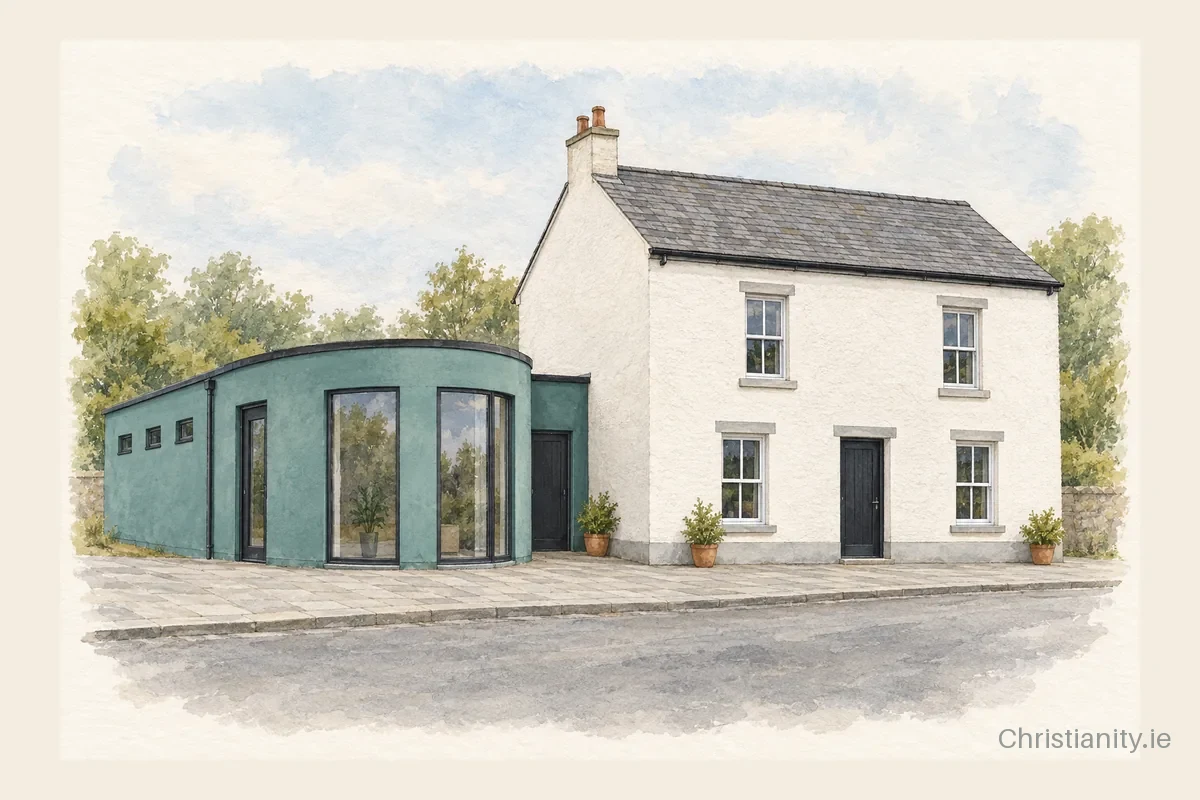 Watercolour and ink illustration of Roscrea and Cloughjordan Friends Meeting