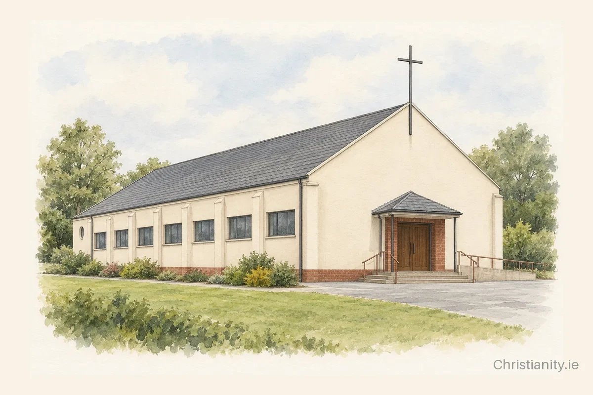 Watercolour and ink illustration of Queen of Peace Church, Fermoy