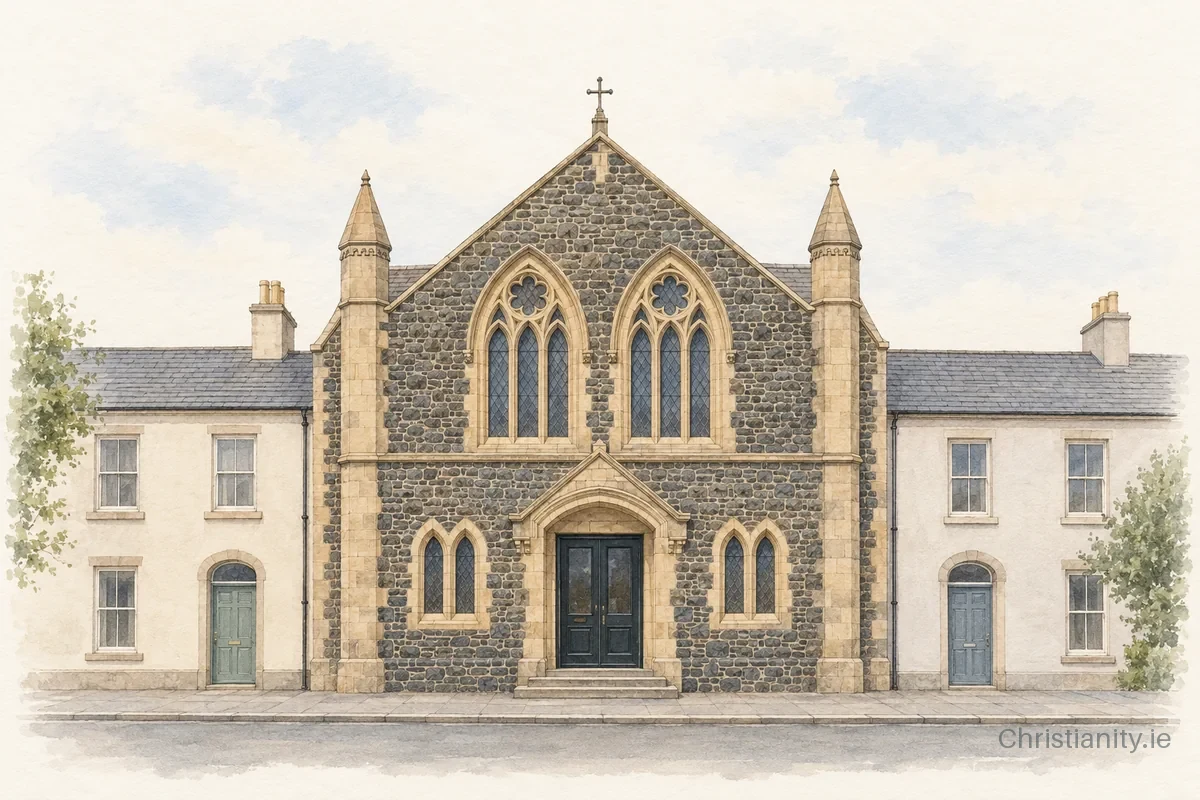 Watercolour and ink illustration of Queens Parade Methodist Church
