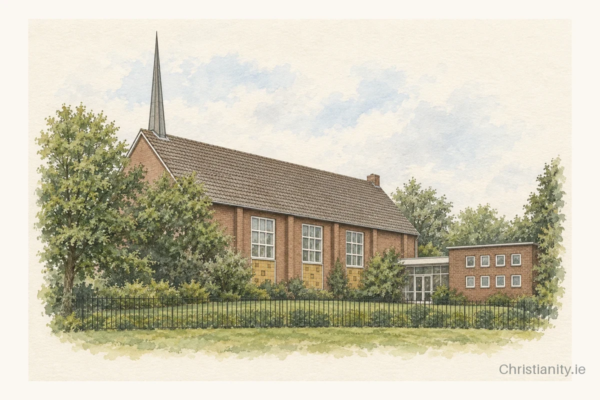 Watercolour and ink illustration of Rathcoole Presbyterian Church