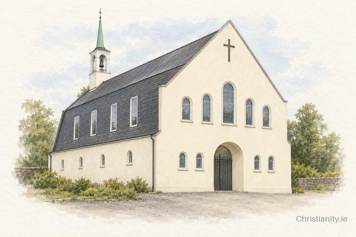 Watercolour and ink illustration of Rathcoole St Comgall