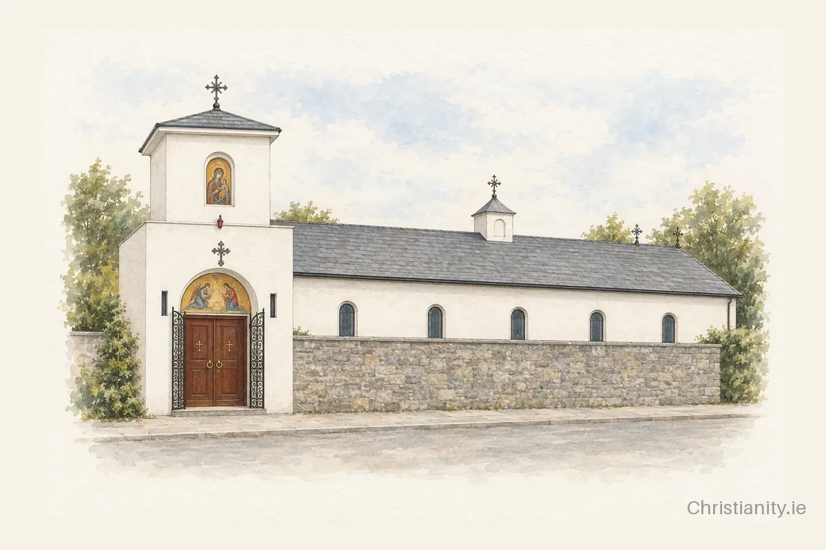 Watercolour and ink illustration of Romanian Orthodox Parish of the Annunciation and the Sunday of Romanian Saints
