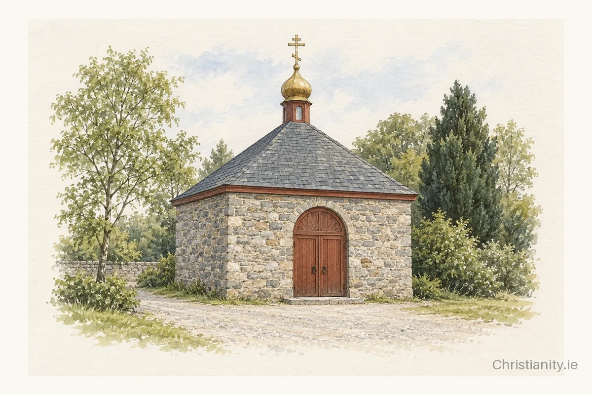 Watercolour and ink illustration of Church of Saint Colman of Oughaval