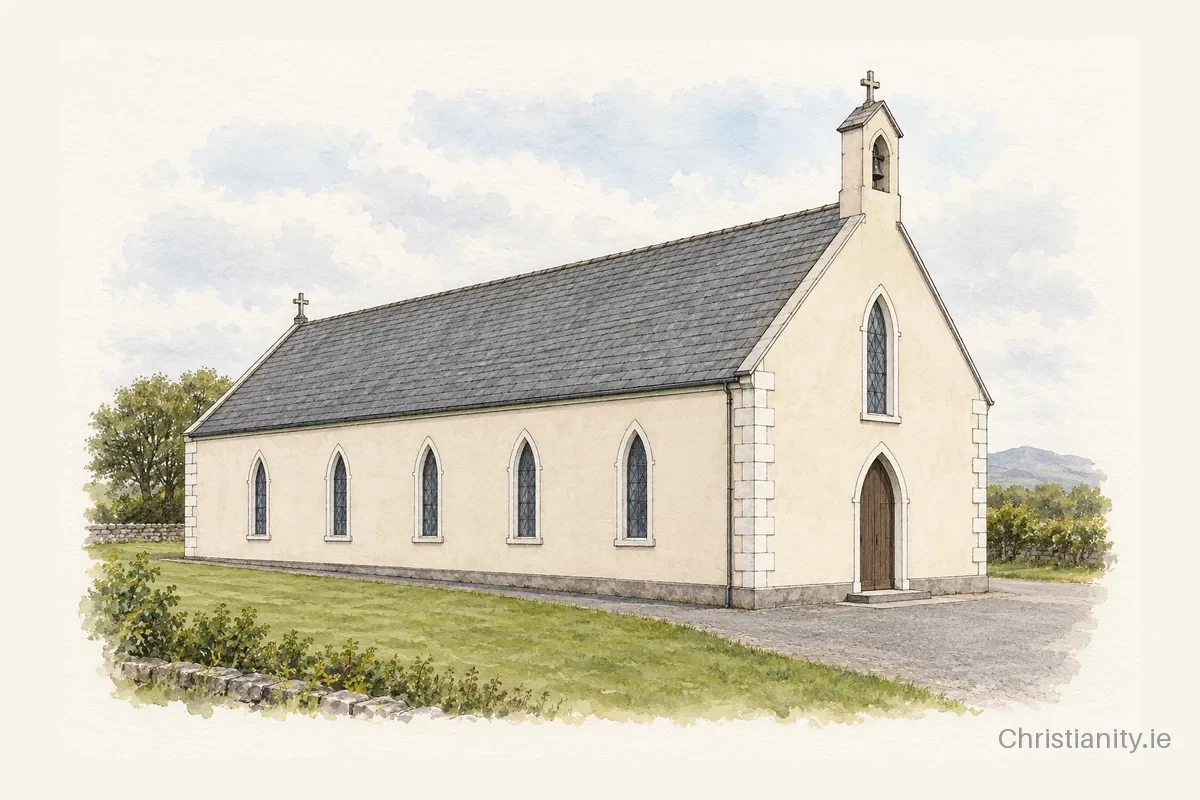 Watercolour and ink illustration of Sacred Heart Church, Bangor Erris
