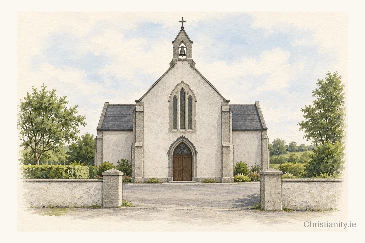 Watercolour and ink illustration of Sacred Heart Church, Hubertstown