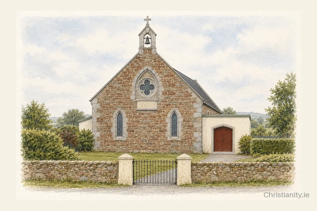 Watercolour and ink illustration of Sacred Heart Church, Killoscully