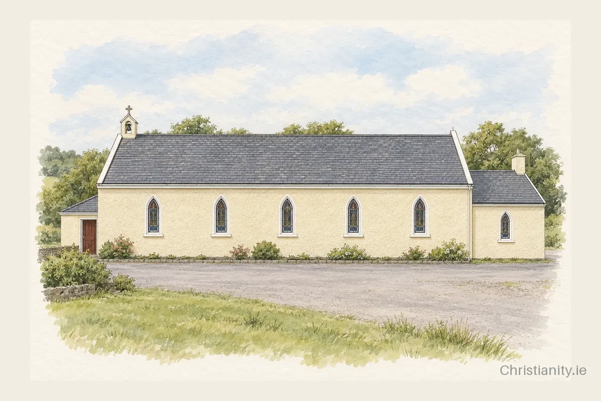 Watercolour and ink illustration of Sacred Heart Church, Lisavaird