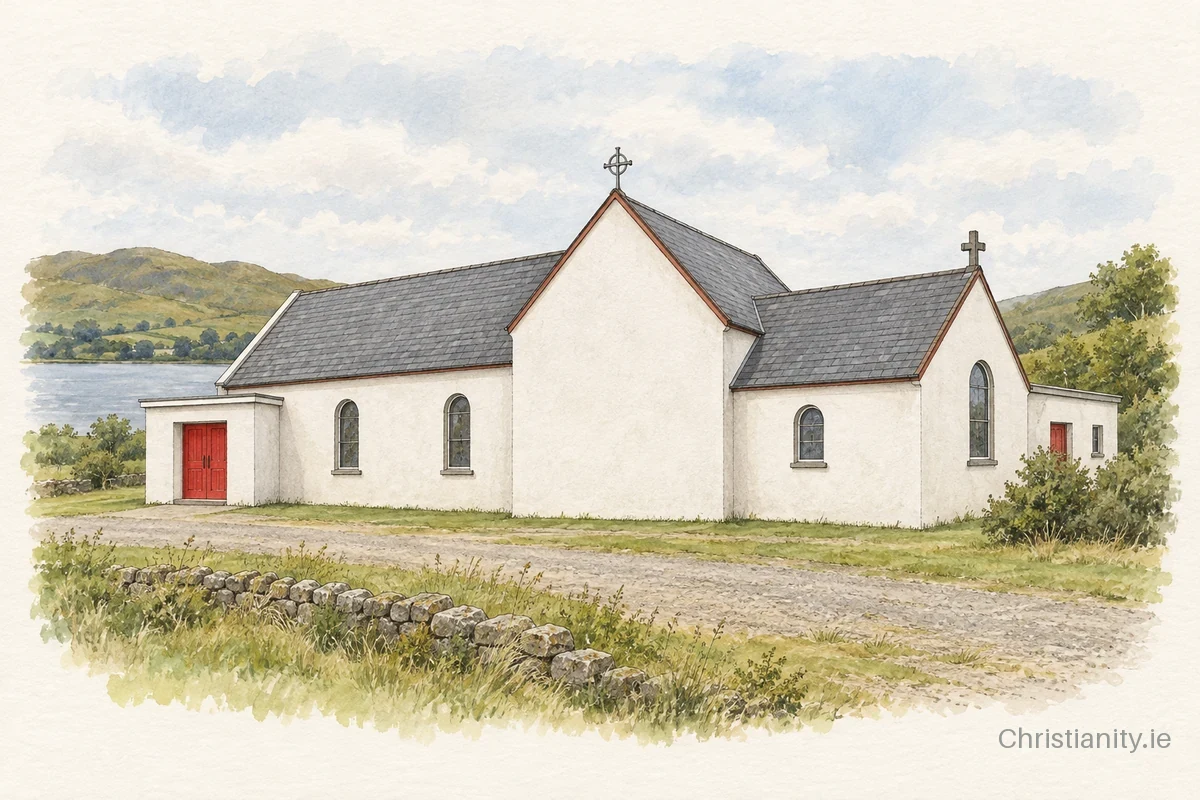 Watercolour and ink illustration of Sacred Heart, The Lake Church
