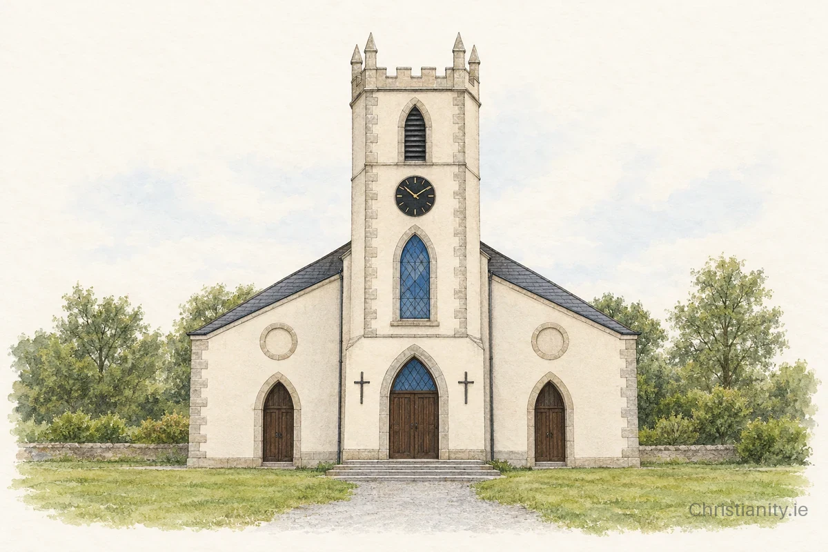 Watercolour and ink illustration of Saint Abban's Church, Adamstown