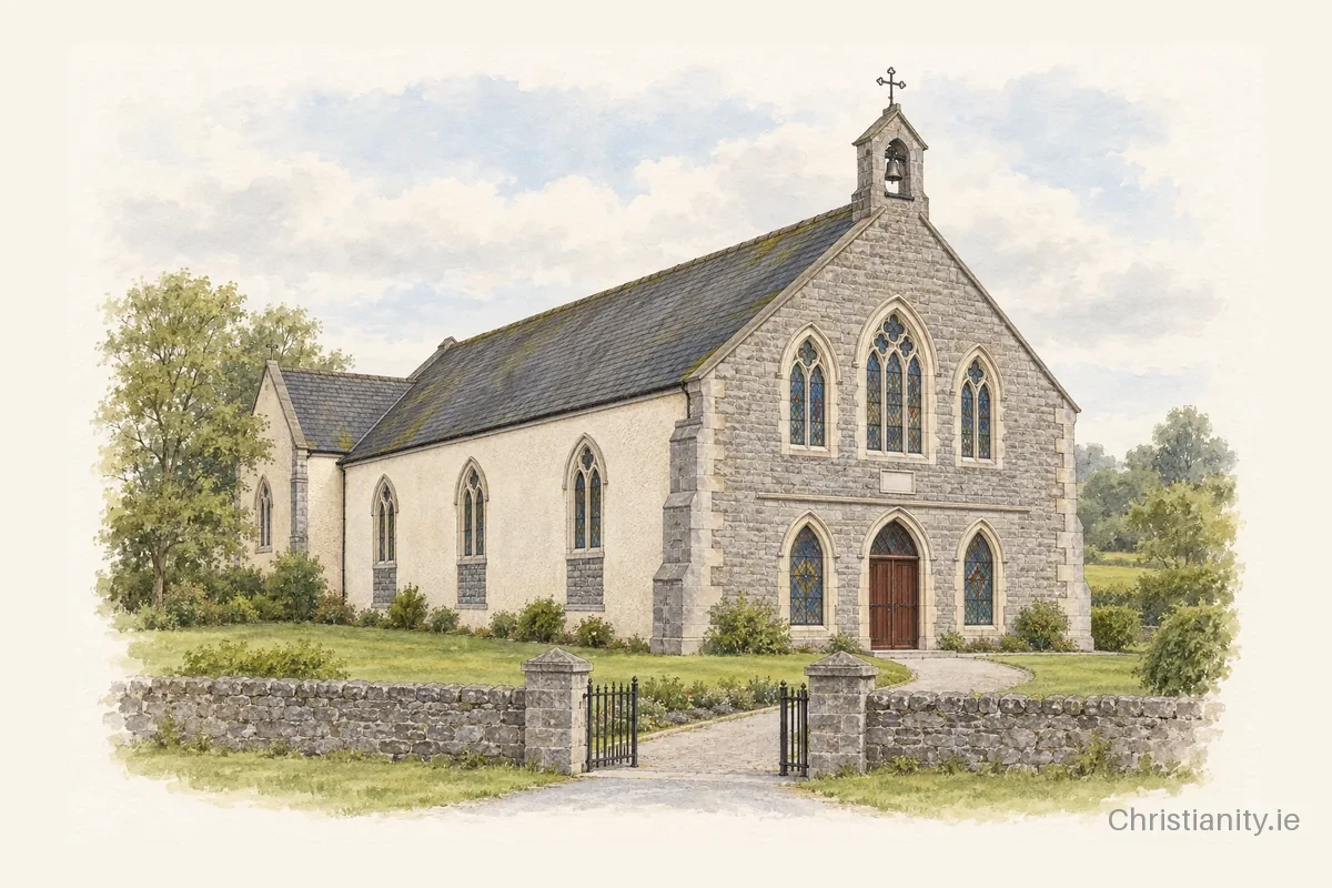 Watercolour and ink illustration of Saint Anne's Church, Clonmore