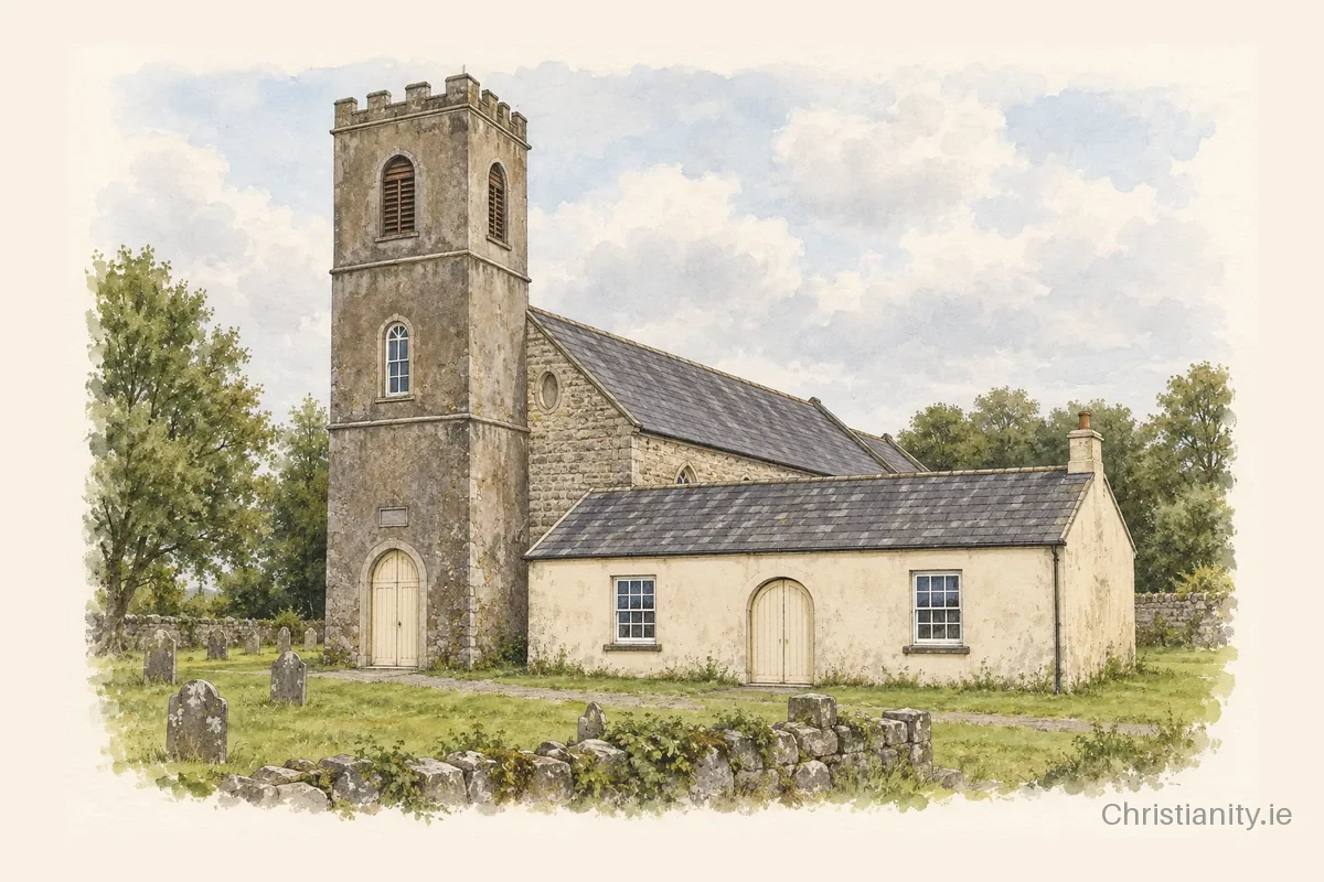 Watercolour and ink illustration of Saint Colman's Church