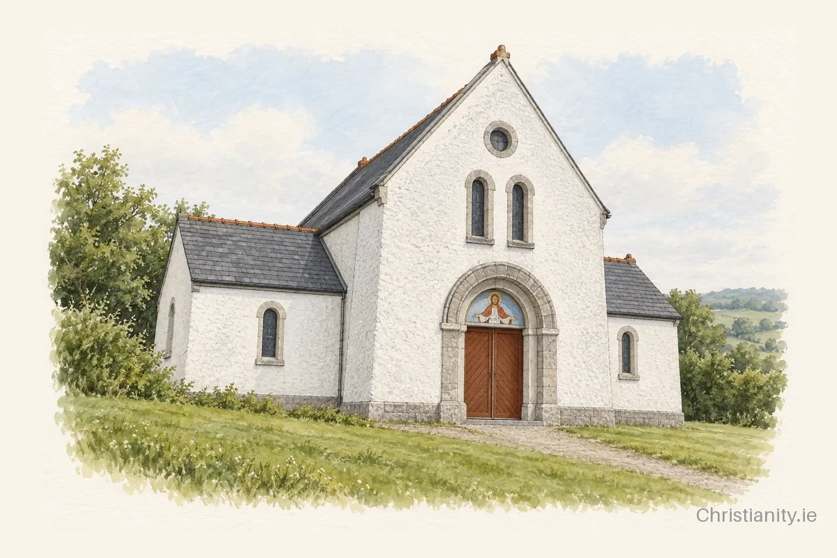 Watercolour and ink illustration of St. Gobnait's Church