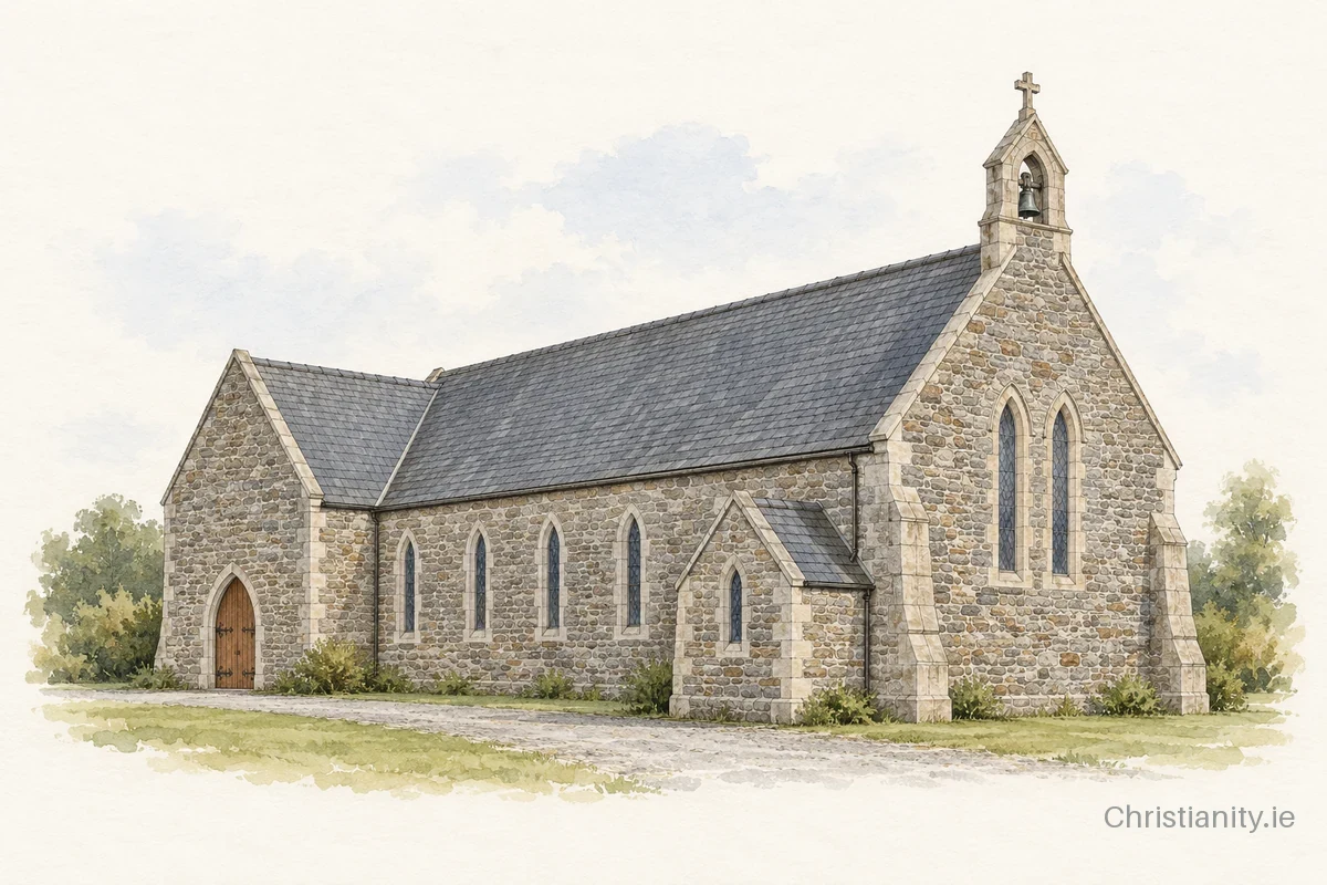 Watercolour and ink illustration of Saint James's Church, Carracastle