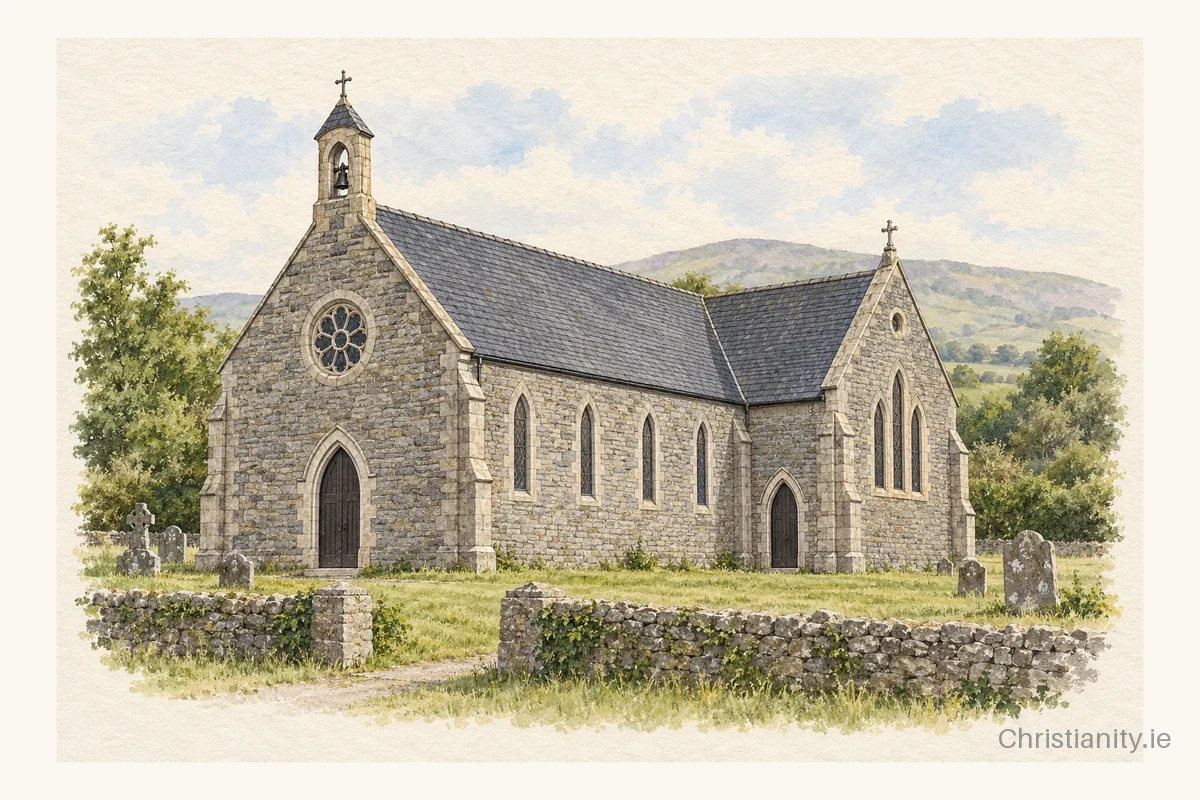 Watercolour and ink illustration of Saint Joseph Church Kilbehenny