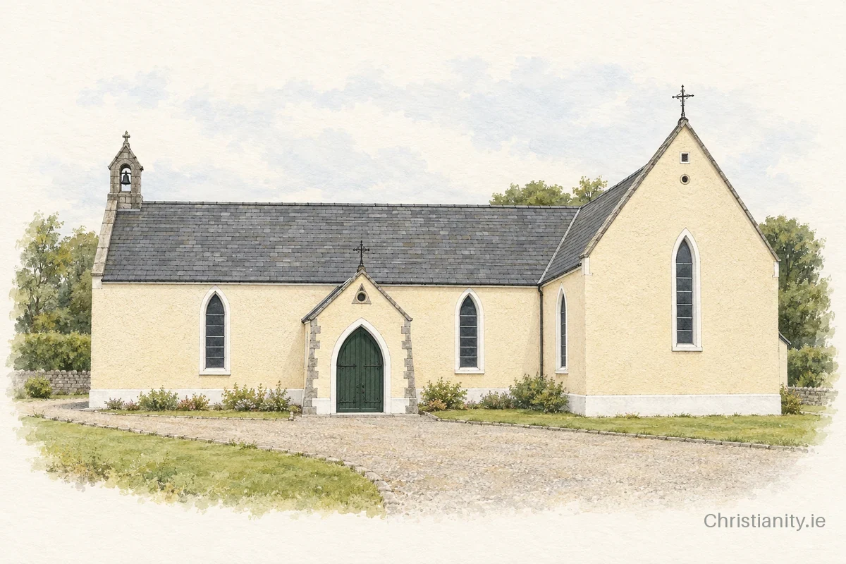 Watercolour and ink illustration of Saint Molaise Church, Cliffoney
