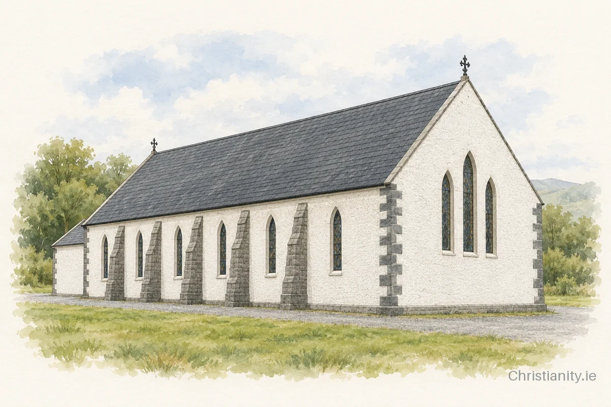 Watercolour and ink illustration of Saint Patrick's Church, Glann