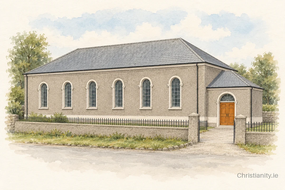 Watercolour and ink illustration of Second Broughshane Presbyterian Church