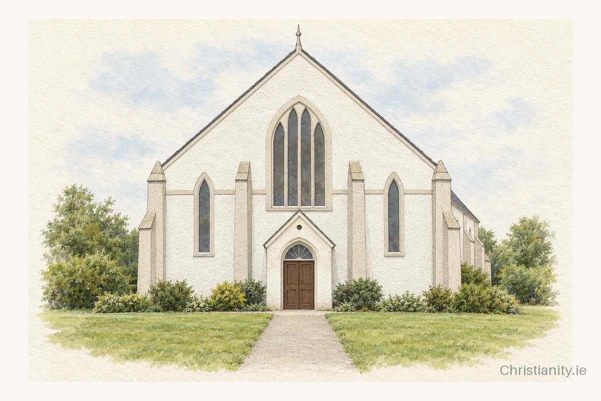 Watercolour and ink illustration of Second Donegore Presbyterian Church