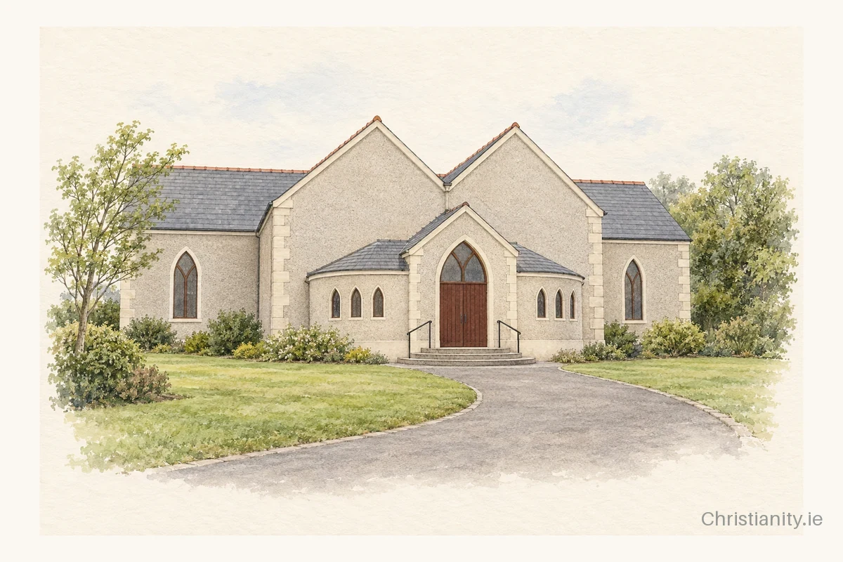 Watercolour and ink illustration of Second Dunboe Presbyterian Church