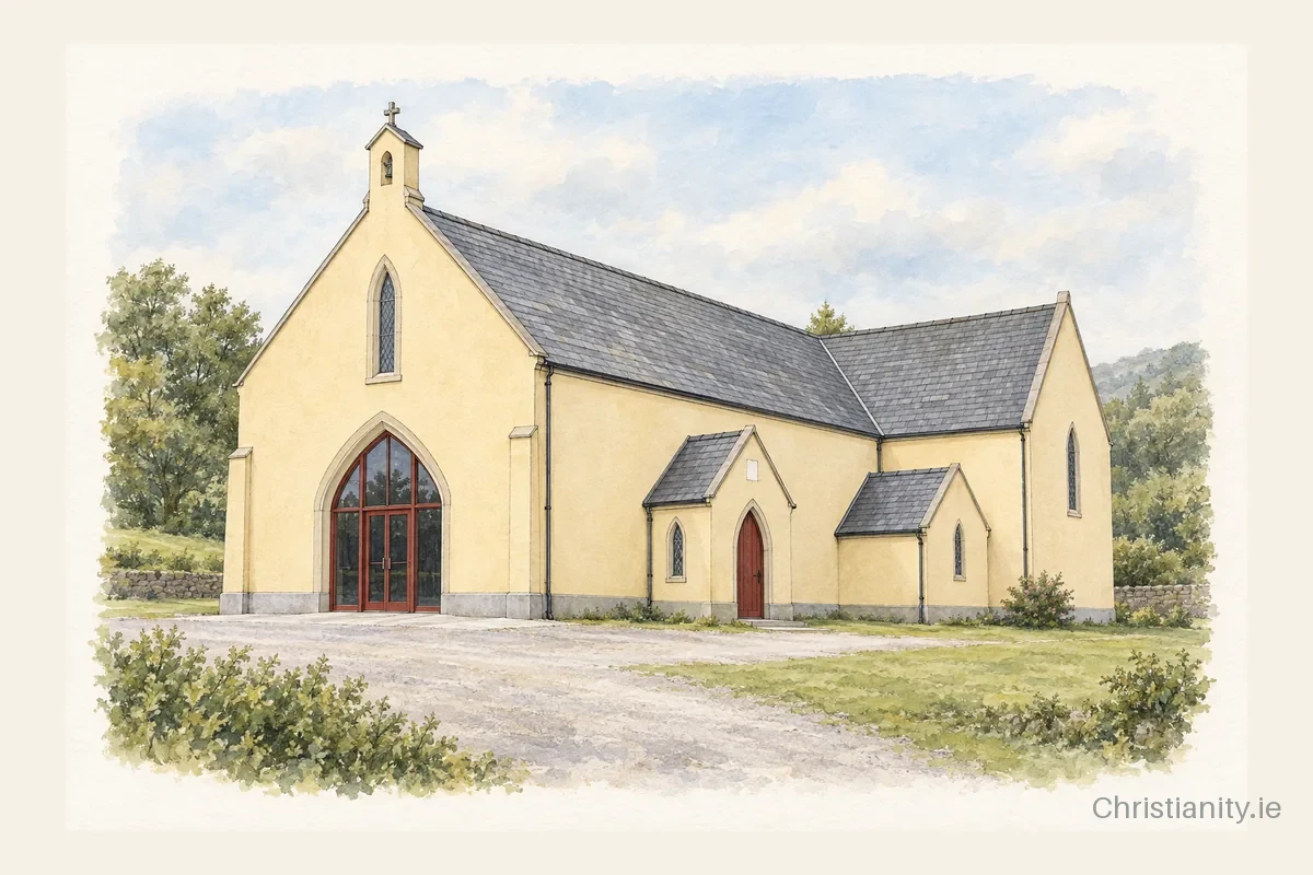 Watercolour and ink illustration of Séipéal N. Fionnbarra & Rónán, Beál Áthan Ghaorthaidh