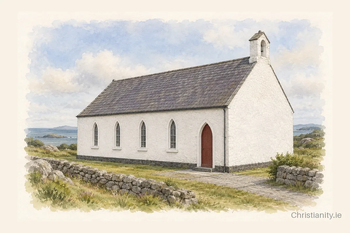 Watercolour and ink illustration of Séipéal Naomh Ciarán