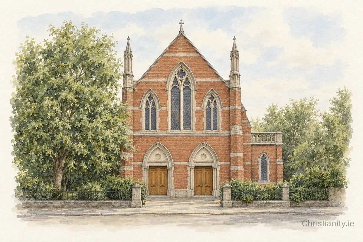 Watercolour and ink illustration of Shaftesbury Square Reformed Presbyterian Church