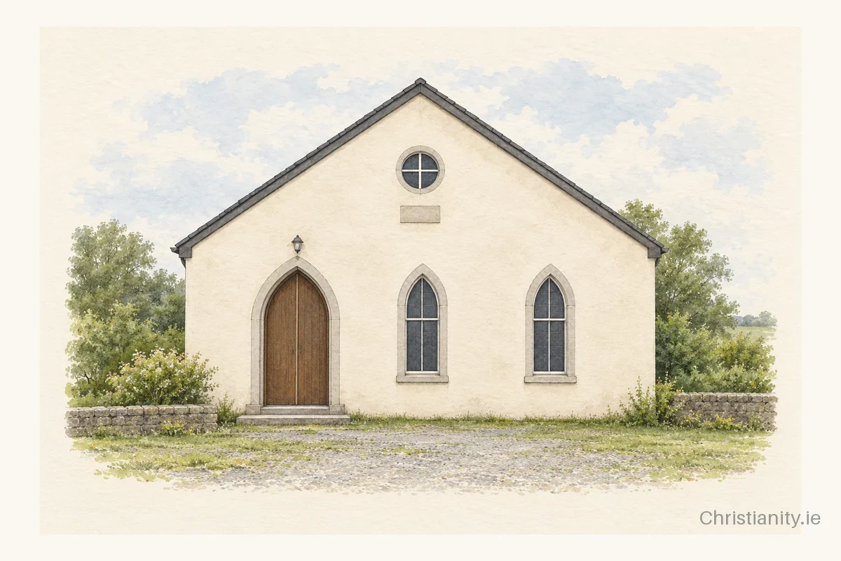 Watercolour and ink illustration of Shinrone Methodist Church