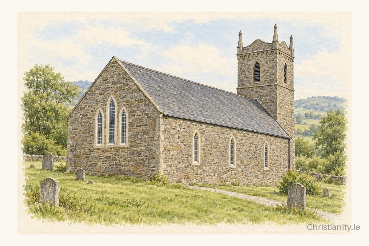 Watercolour and ink illustration of Sixtowns St Anne (Draperstown St Anne)