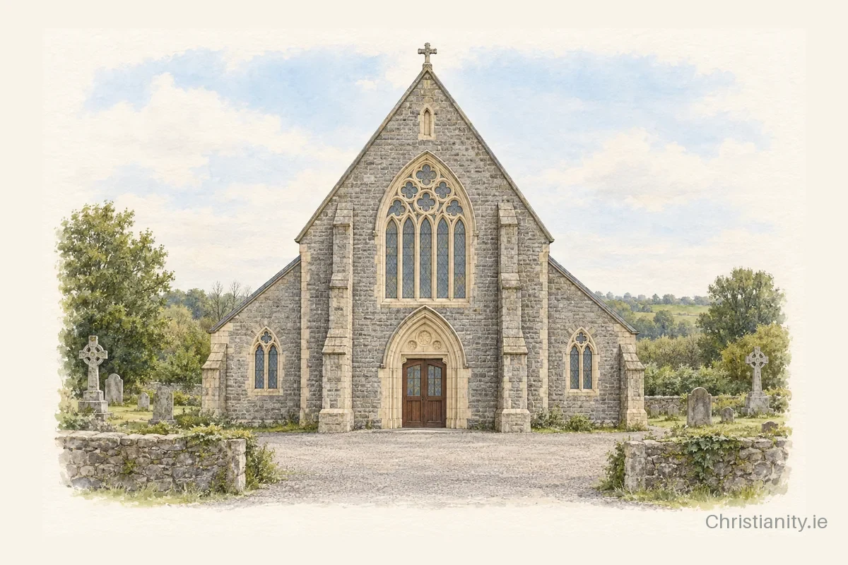 Watercolour and ink illustration of SS Cuan and Broghan Church