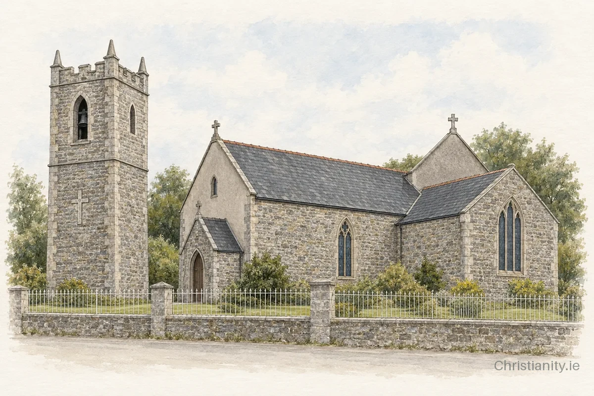 Watercolour and ink illustration of SS Peter & Paul Church, Clonmellon