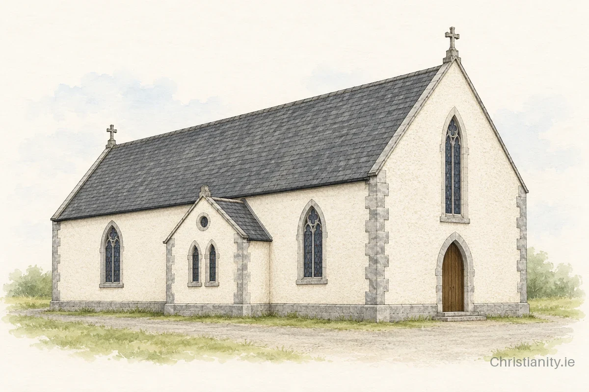 Watercolour and ink illustration of St. Aidan’s Church, Ballaghameehan