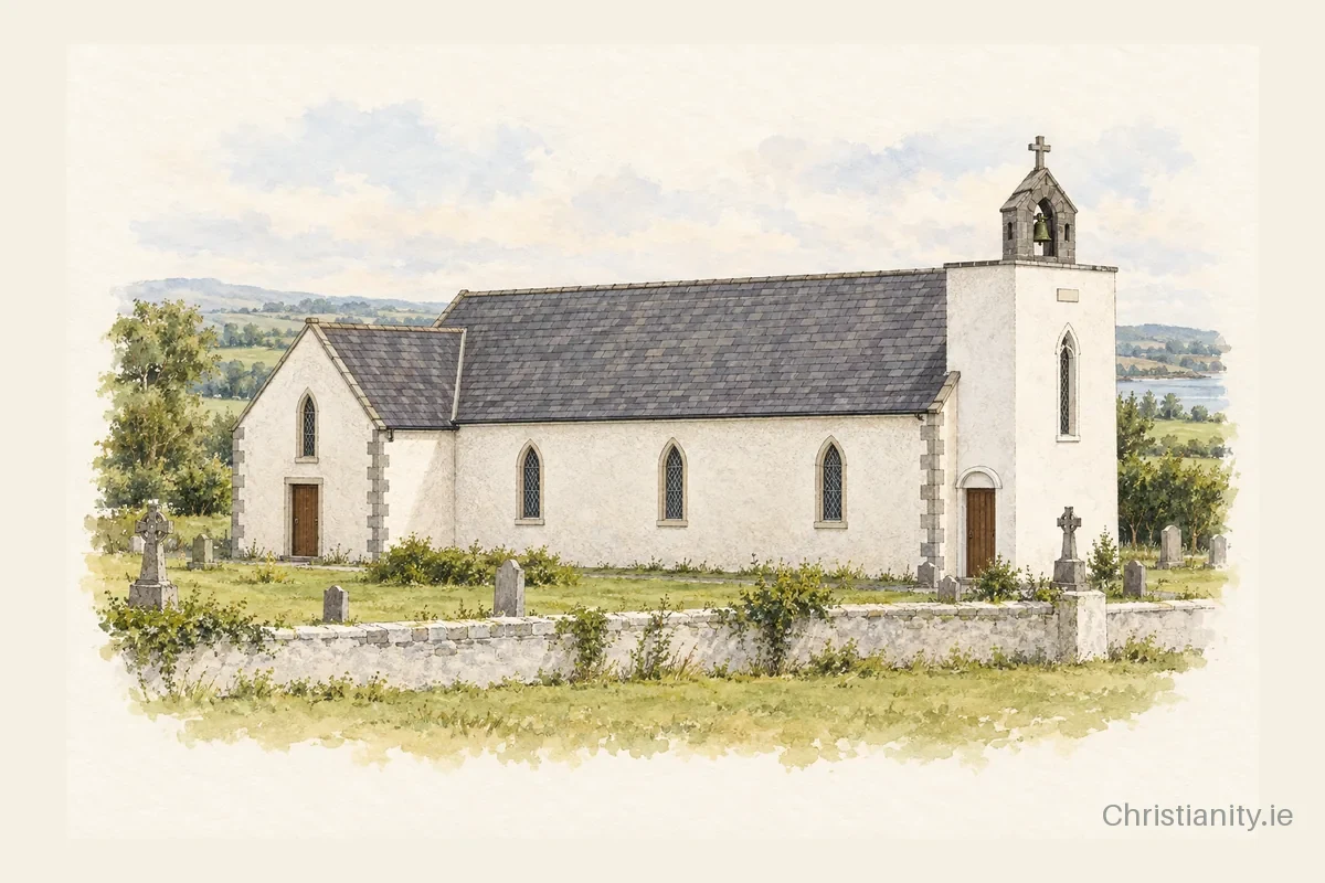 Watercolour and ink illustration of St. Anne's Church, Ballylaneen