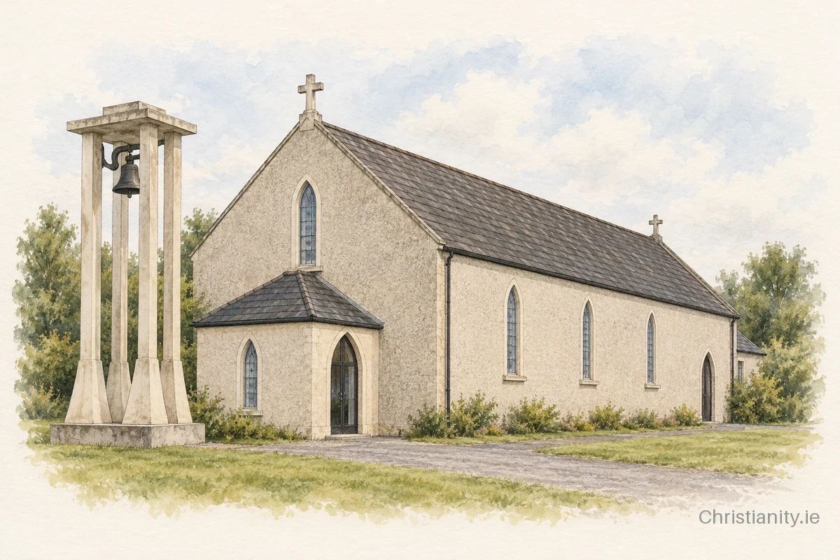 Watercolour and ink illustration of St. Ann's Church, Slatta