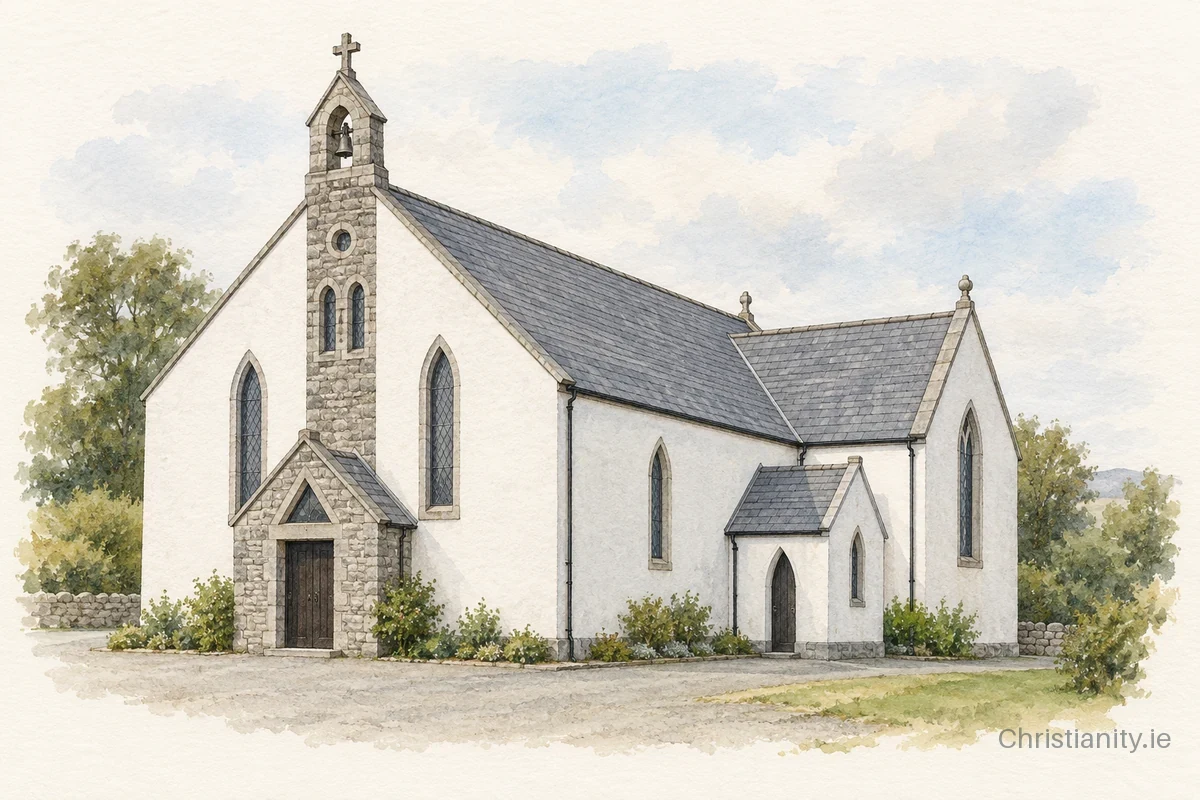 Watercolour and ink illustration of St Asicus' Church, Frenchpark