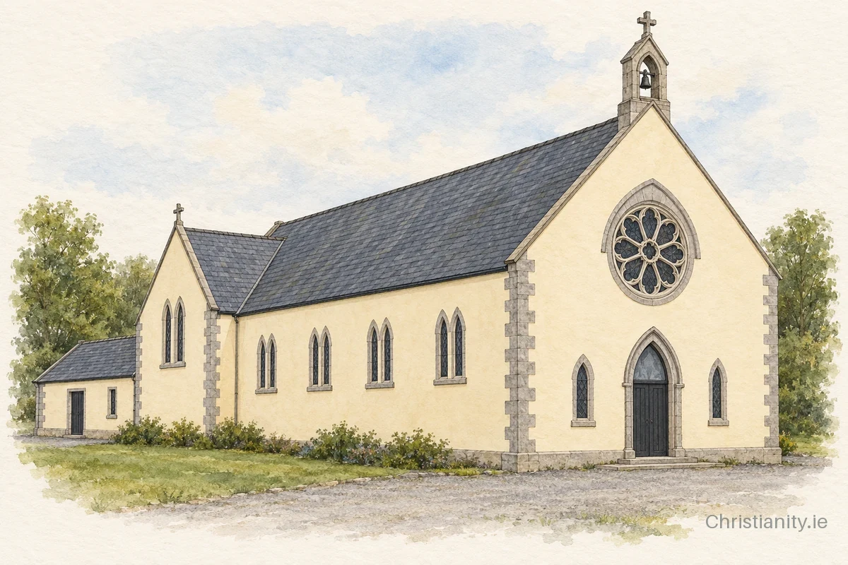 Watercolour and ink illustration of St Attracta's Church, Ballinameen