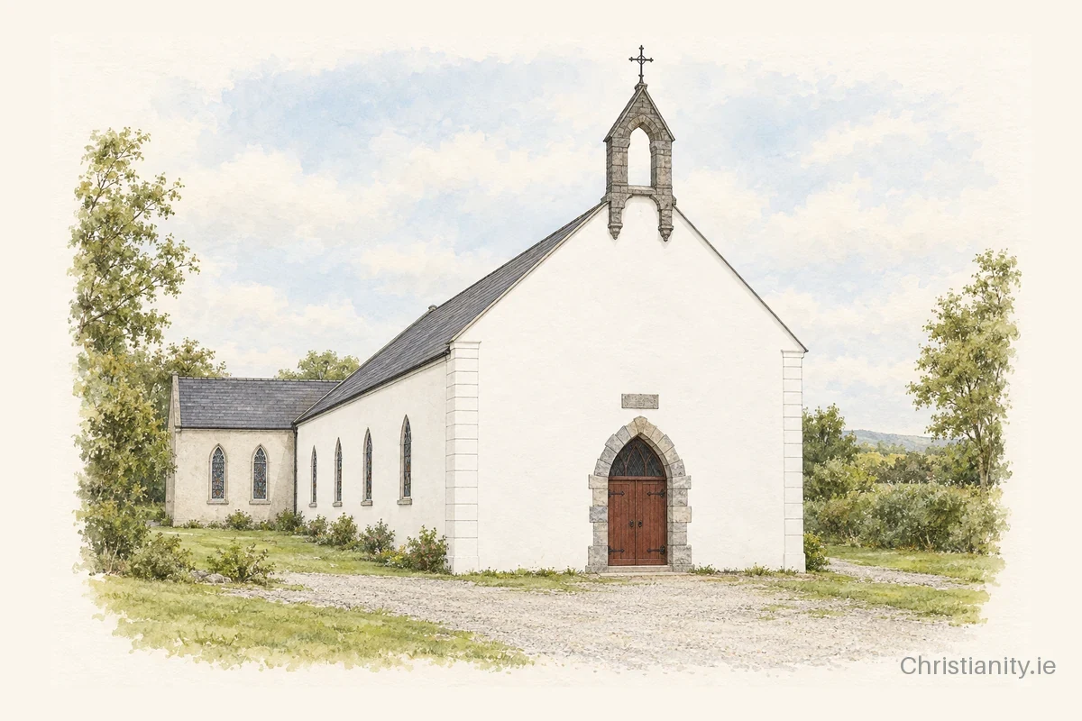 Watercolour and ink illustration of St. Attracta's Church, Tourlestrane