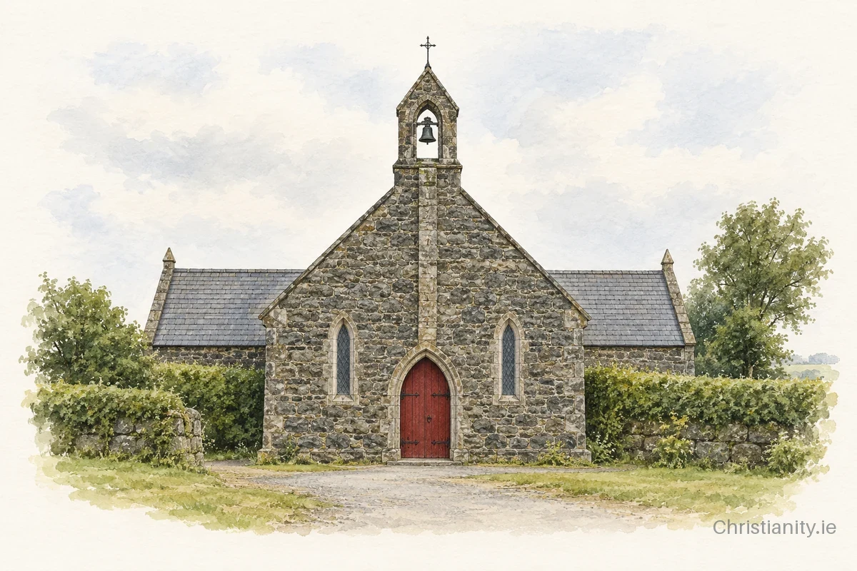 Watercolour and ink illustration of St Baothin's Church, Tibohine