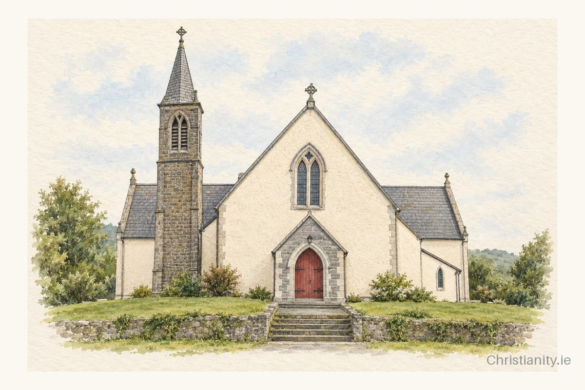 Watercolour and ink illustration of St. Bartholomew's Church, Athea