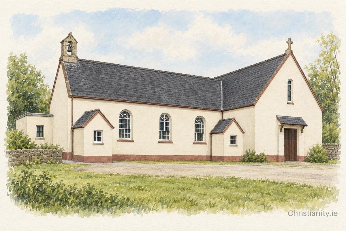 Watercolour and ink illustration of St. Benignus Church, Staplestown