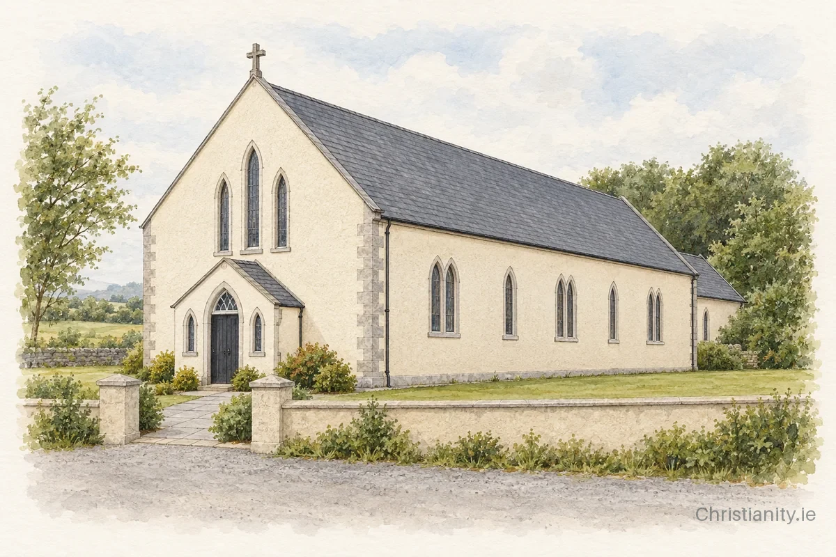 Watercolour and ink illustration of St Brendan's Church, Toghergar