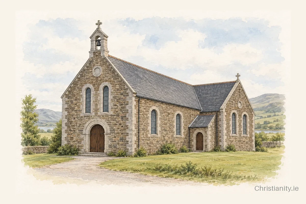 Watercolour and ink illustration of St. Brendan’s, Cloghane