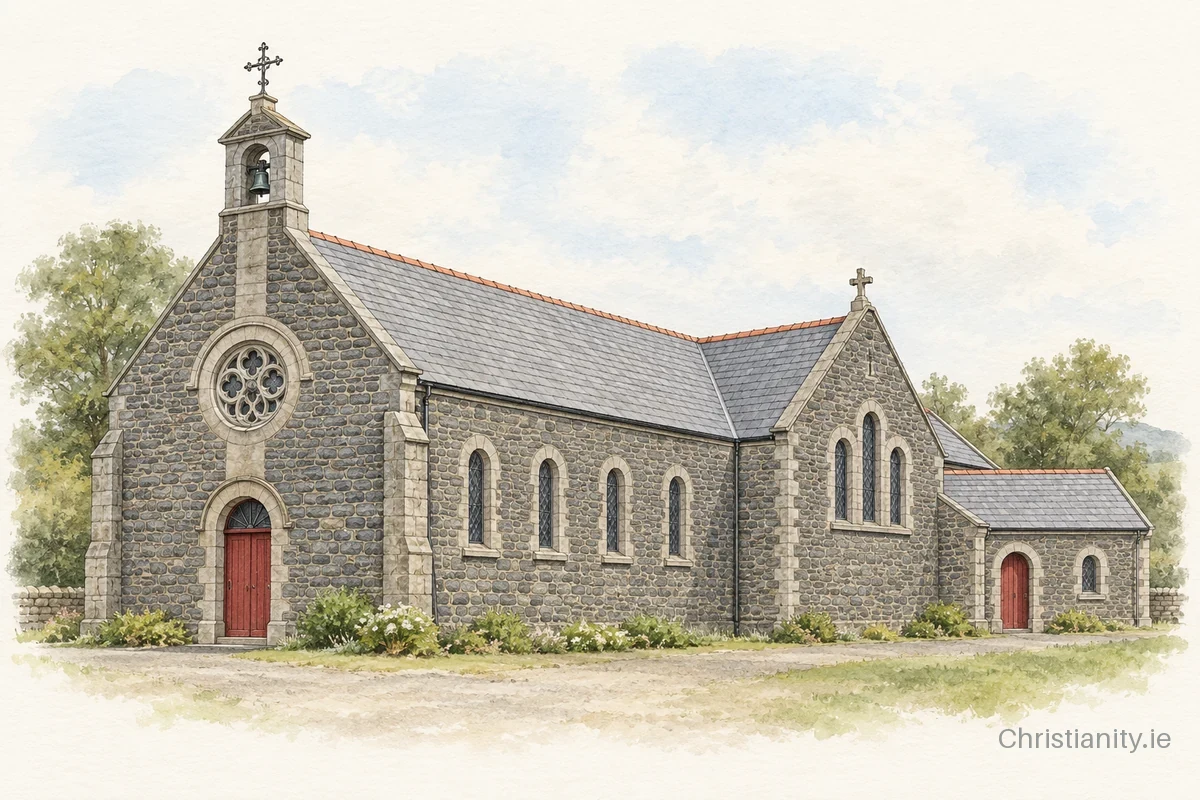 Watercolour and ink illustration of St Bride's Church, Ballintubber
