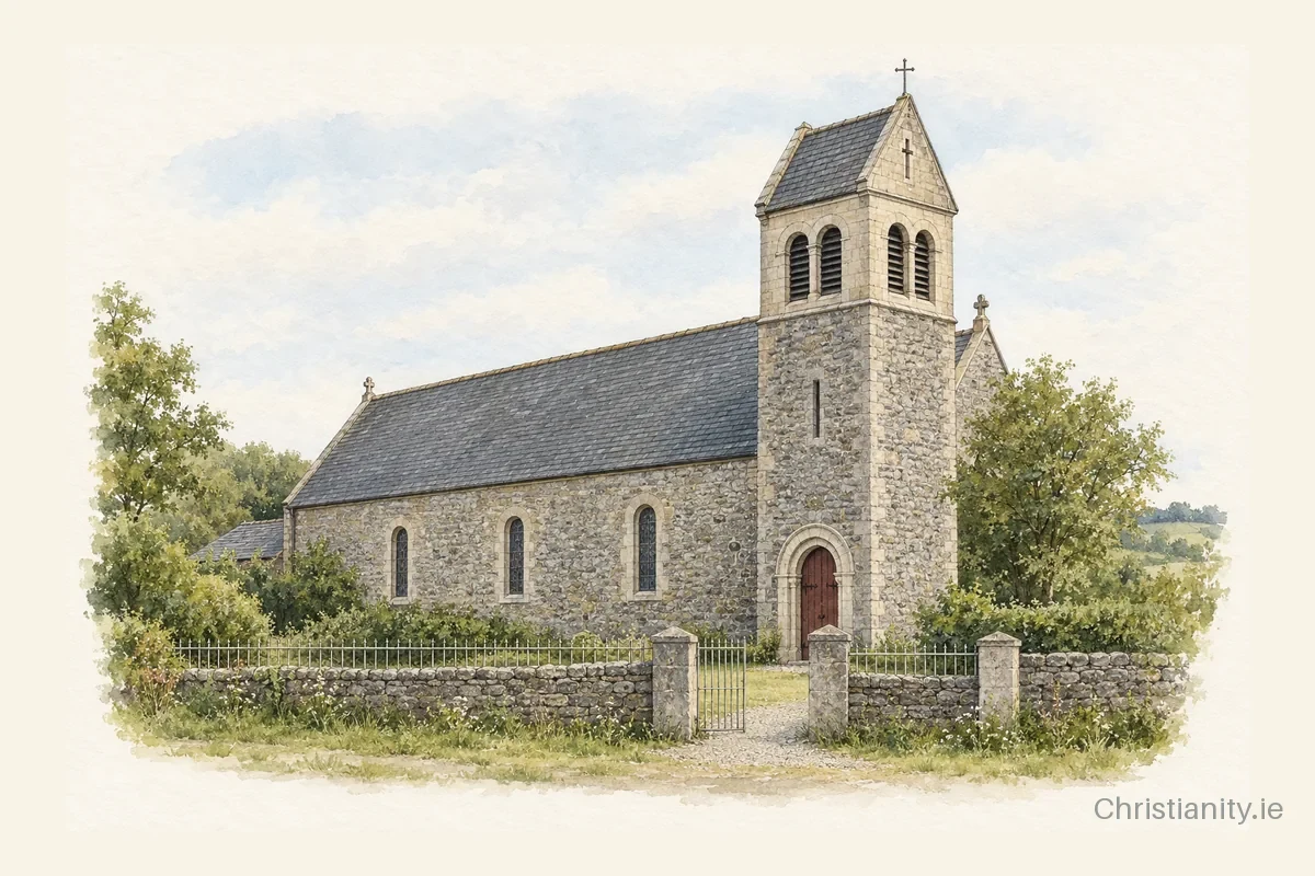 Watercolour and ink illustration of St. Bridget’s Church, Donaskeigh