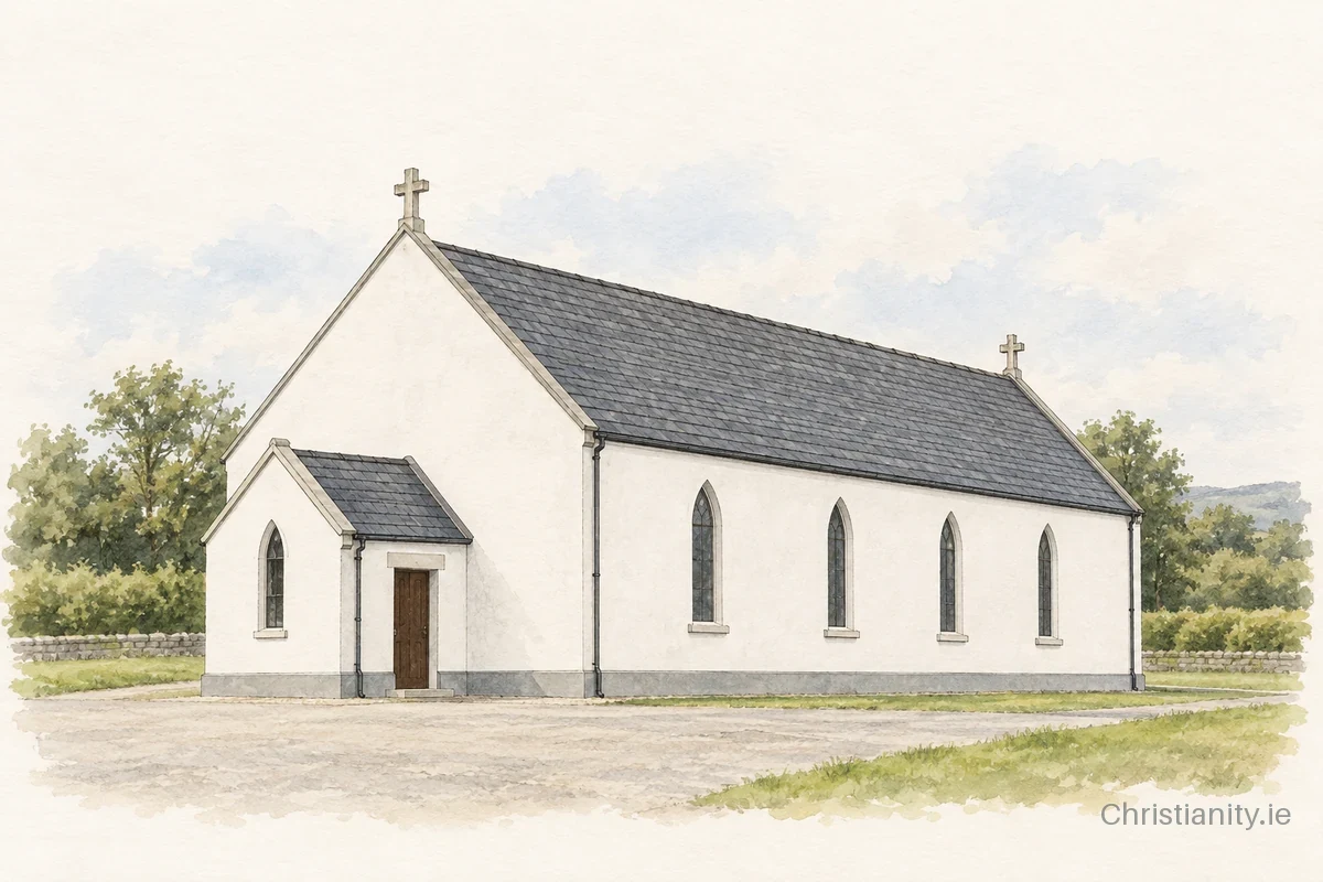 Watercolour and ink illustration of St. Brigid's, Ballintrillick