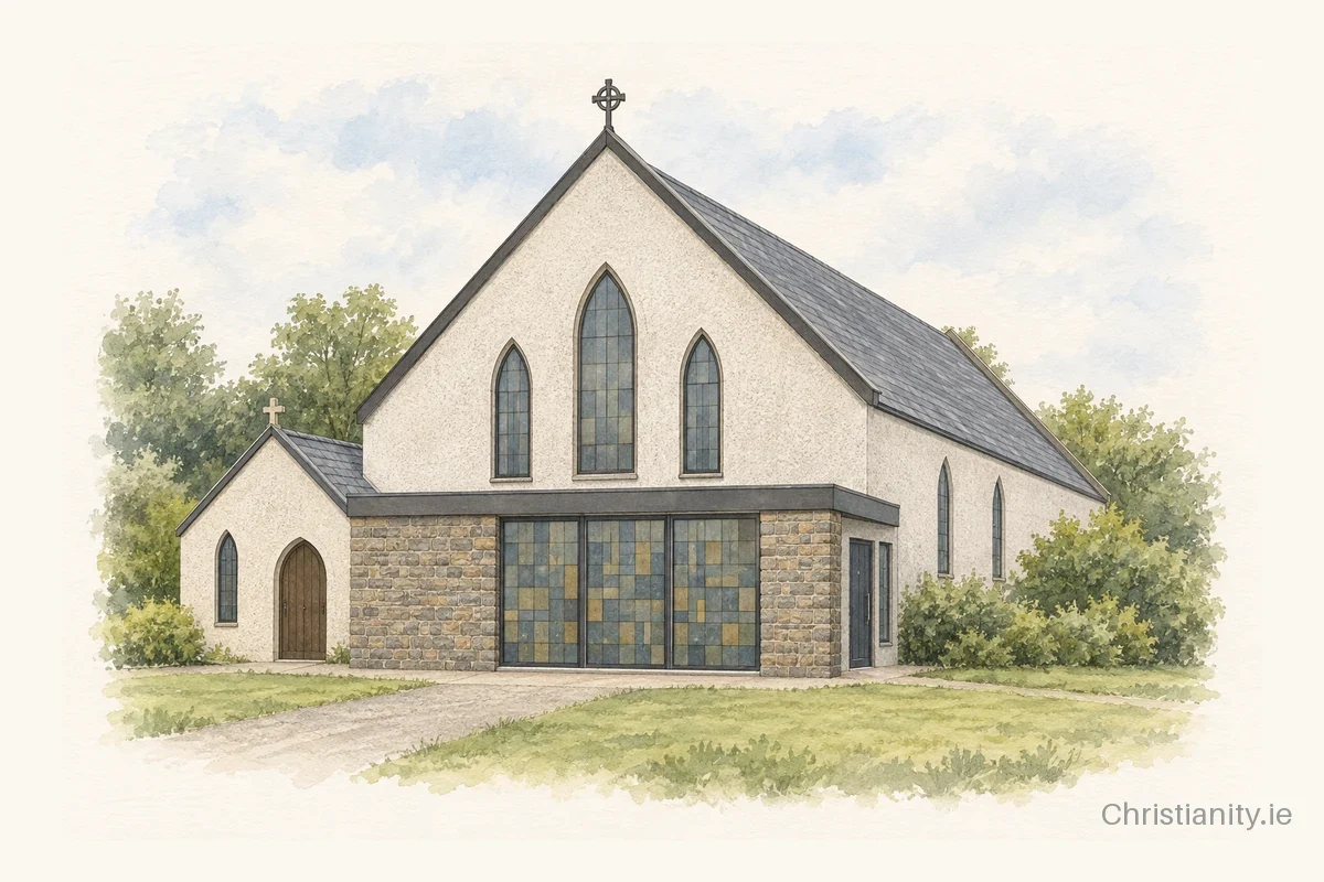 Watercolour and ink illustration of St Brigid's Church, Drum