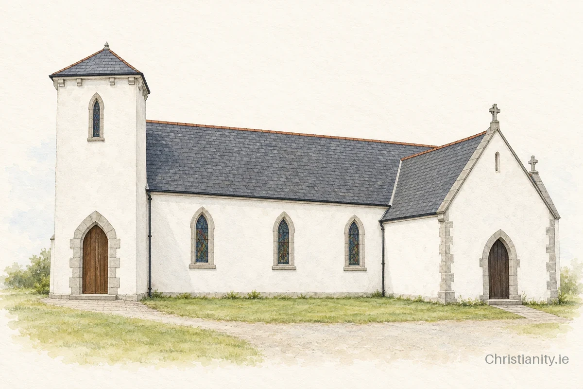 Watercolour and ink illustration of St Brigid’s Church, Drumcong